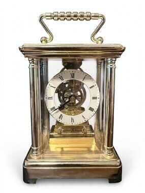 Howard Miller Carriage Clock Vintage Skeleton Brass & Glass Mantel Clock